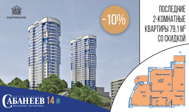Скидка 10% на 2-комнатные квартиры 79,1 кв. метра в ЖК «Сабанеев»